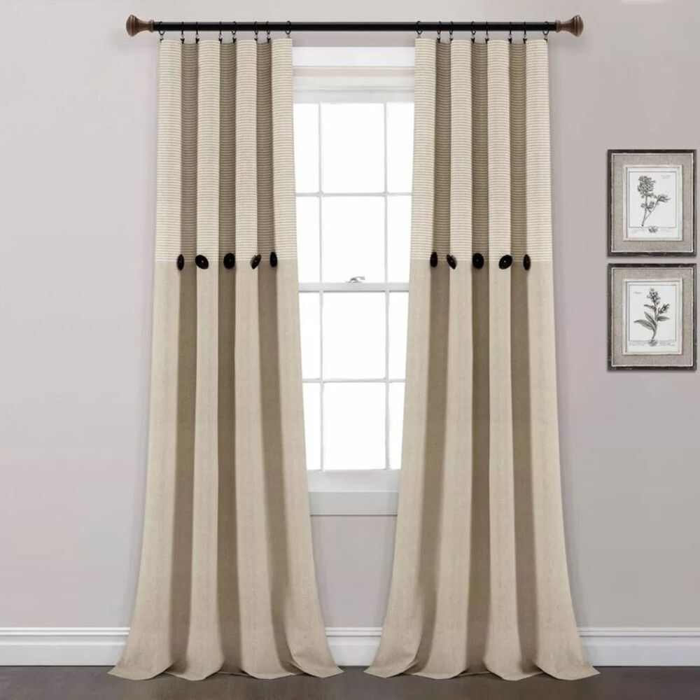 Lush Decor - Set of 2 (84"x40") Farmhouse Button Striped Yarn D Beige
